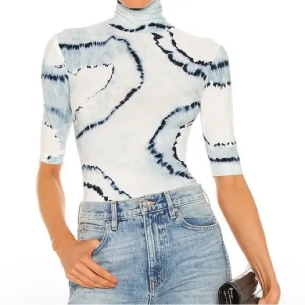 Norma Kamali Blue Tie Dye Mock Neck Top Sz XS
